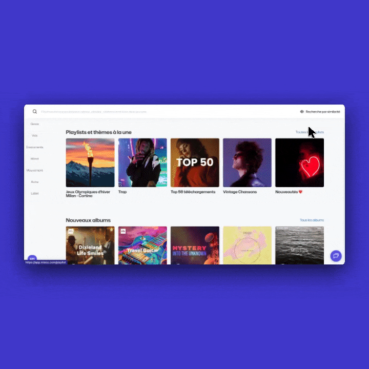 Interface de site de musique avec playlists en vedette comme Jeux Olympiques d'hiver, Trap, et Vintage Chansons, et section Nouveaux albums.