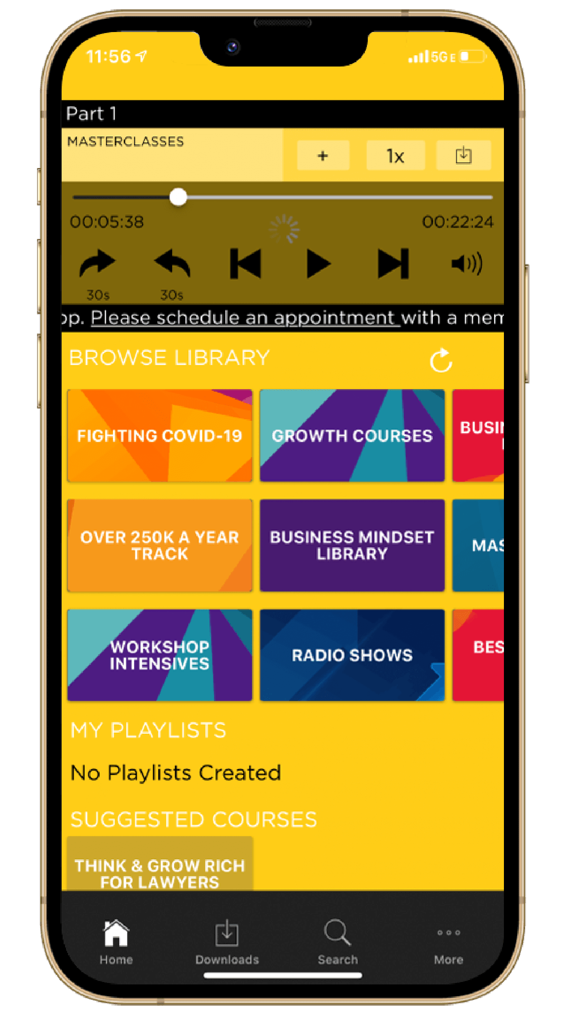 Smartphone screen displaying the HTMListen app course library for small law firm coaching, featuring masterclasses on leadership, business mindset, growth, and law firm management systems.