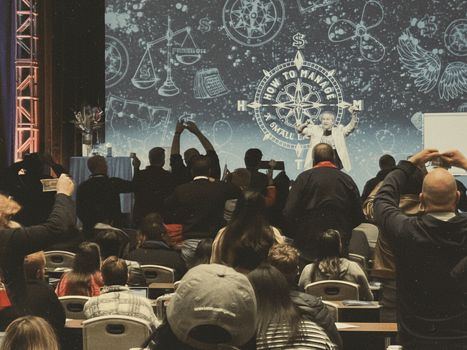 A speaker leading an engaging session at a law firm management event, with a large audience in the foreground holding up their phones to capture the moment. The backdrop displays the phrase 'How to Manage a Small Law Firm' with visual elements like dollar signs and scales, reinforcing the event's focus on law firm management and coaching systems. This image emphasizes the dynamic and interactive atmosphere of coaching for small law firms.