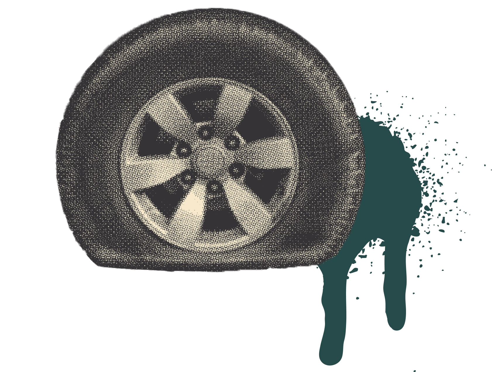 cutout image of flat tire with a green paint splatter behind