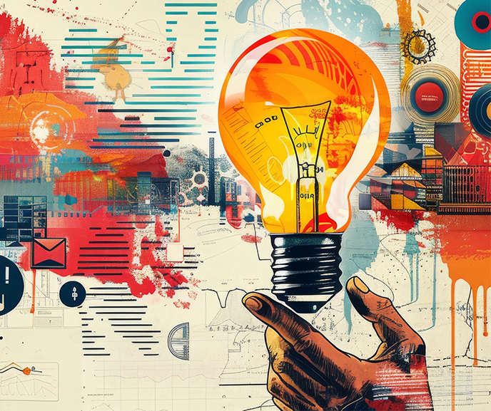 Stylized illustration of a hand holding a lightbulb on a graphic background.