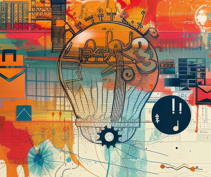 Stylized illustration of a clear lightbulb with a brain-like filament pictured on a graphic background.