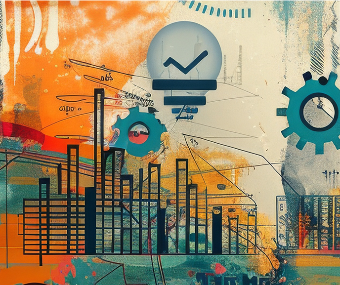 Stylized illustration of a bar chart with floating gears on a graphic background.