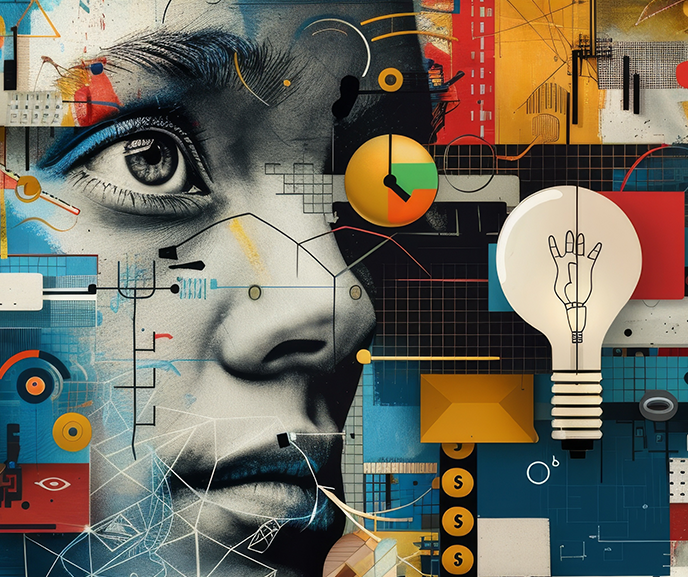 Stylized illustration of a man's profile pushing through a graphic background.