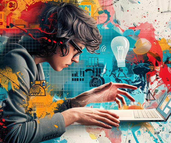 Stylized illustration of a young woman using a laptop on a graphic background.