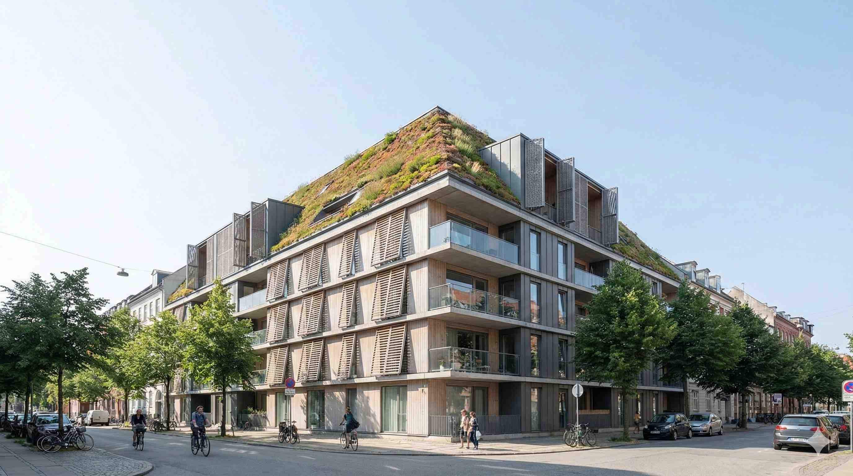 Modern building with green roof and passive climate control