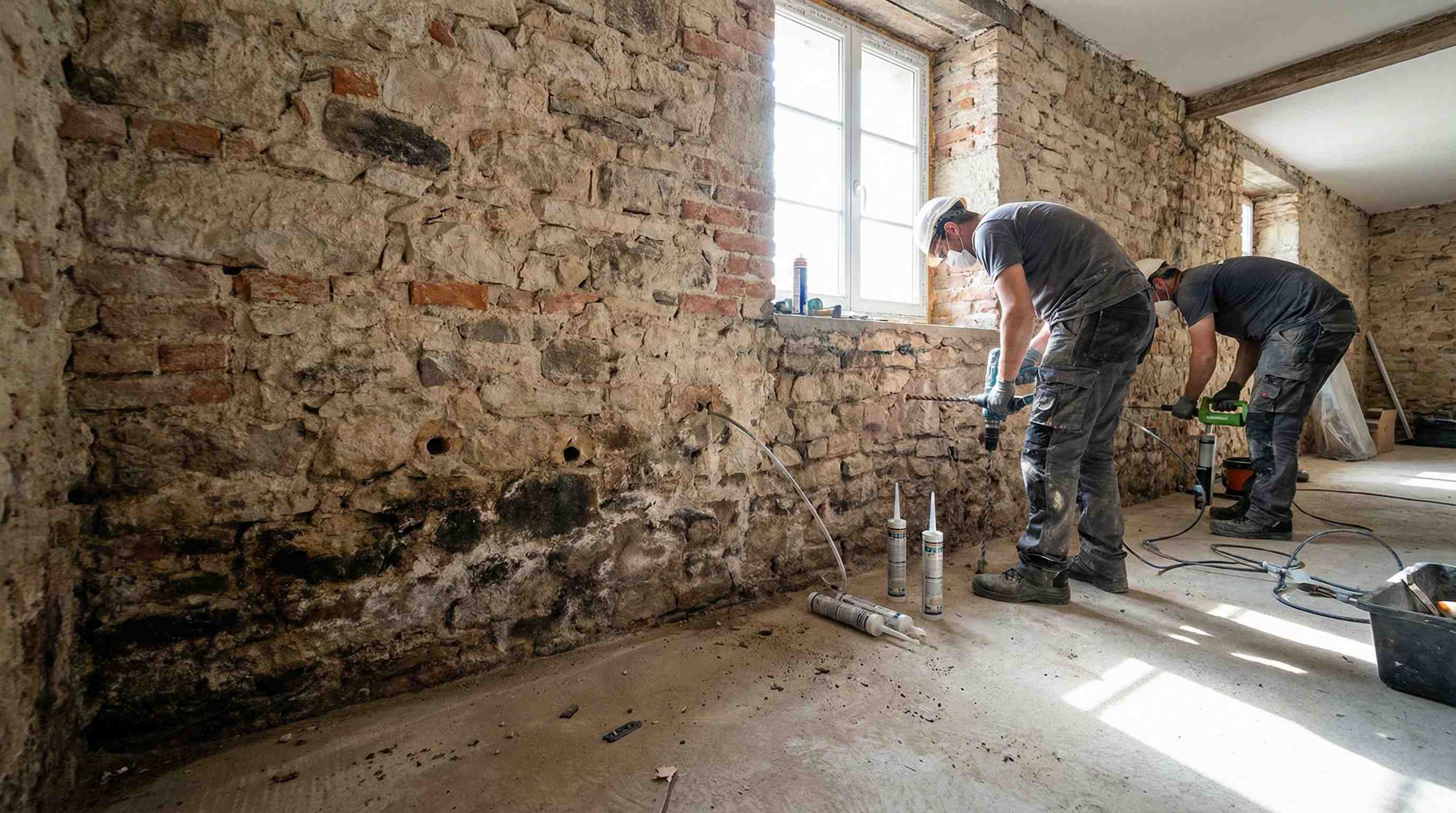 Treatment of rising damp in old masonry wall during renovation