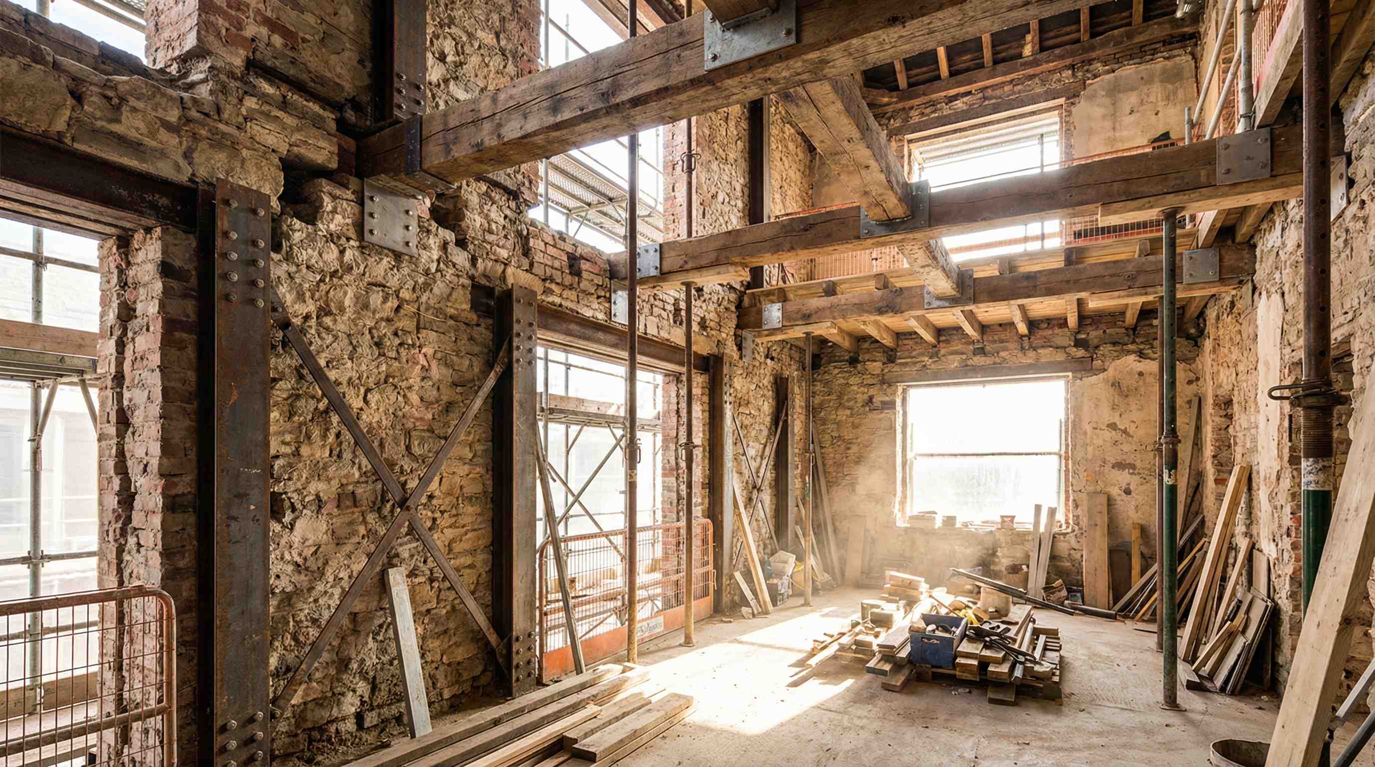 Structural reinforcement works in masonry and timber elements