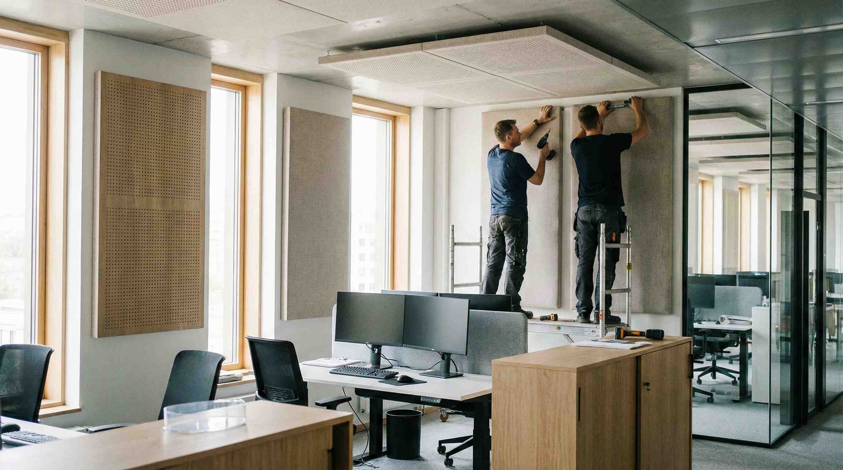 Installation of acoustic panels in an open-plan office for sound control