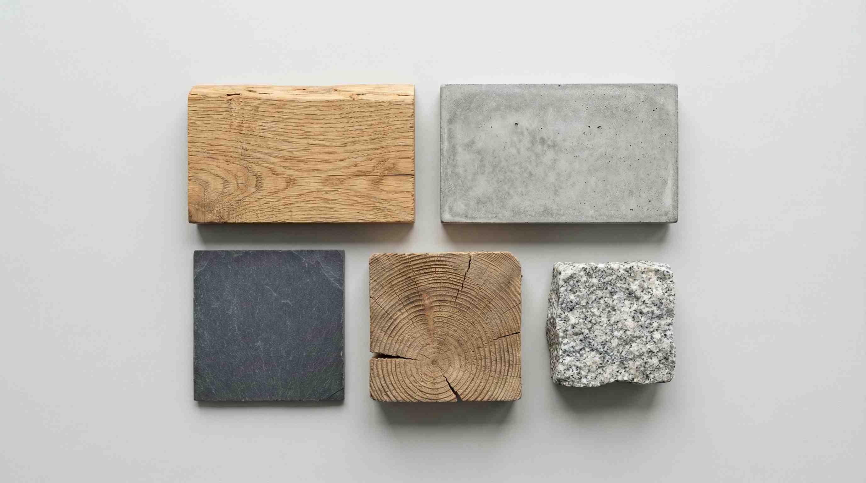Variety of construction materials including wood, cement and natural stone