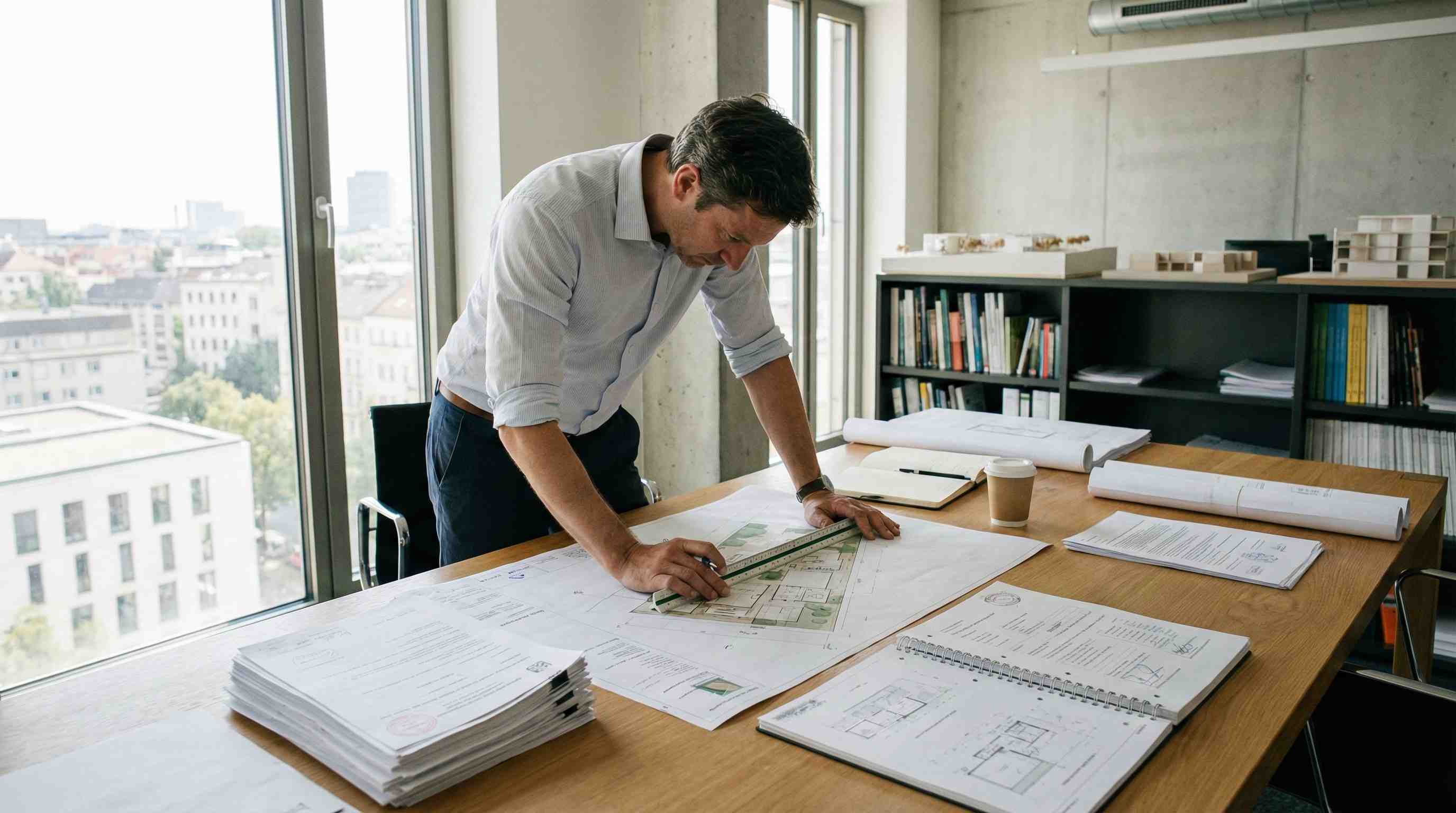 Architect reviewing site plan and licensing paperwork
