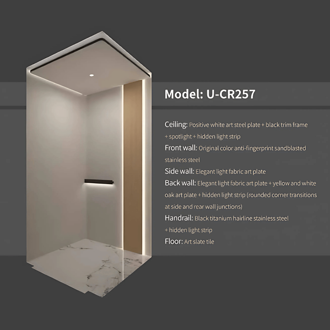 3D rendering of a modern elevator interior with white walls, black handrail, ceiling light, and marble floor, labeled Model U-CR257 with detailed material descriptions.