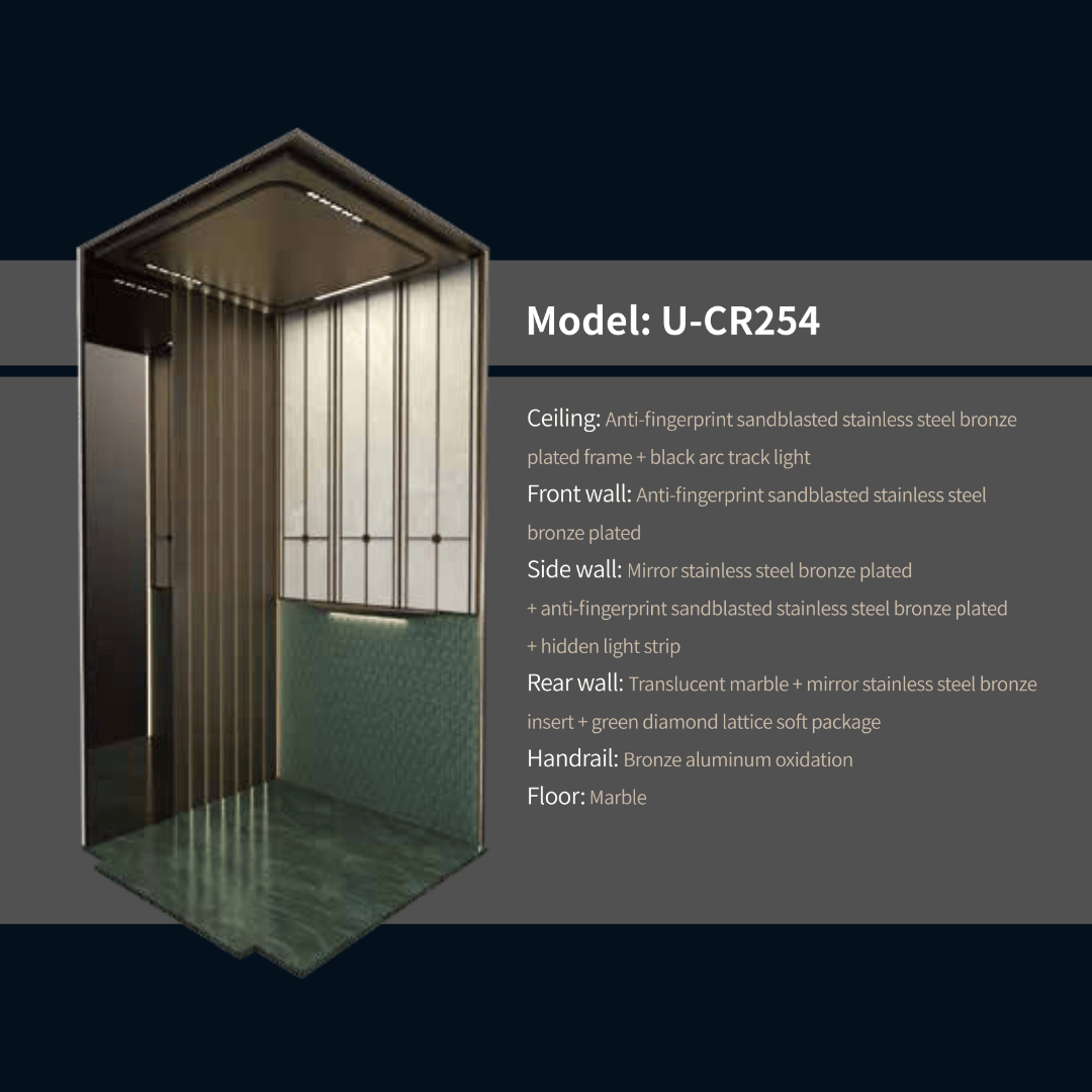 3D rendering of elevator interior model U-CR254 showing bronze-toned ceiling, mirrored stainless steel bronze side wall, translucent marble rear wall with green diamond lattice, bronze handrail, and marble floor.