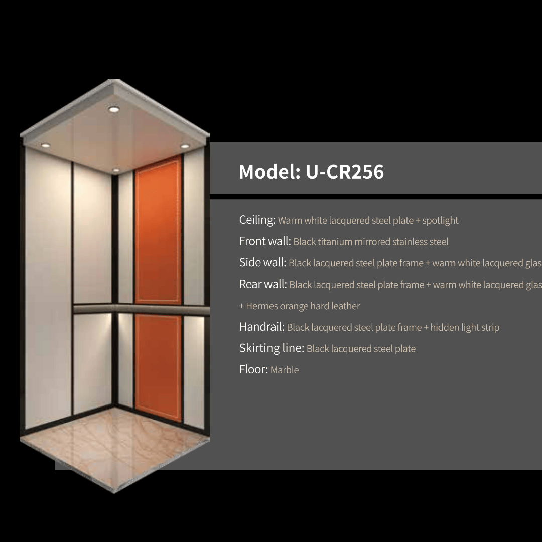 Elevator interior model U-CR256 with warm white ceiling, black titanium front wall, orange leather rear wall, black steel handrail, and marble floor.