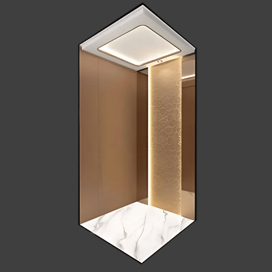 Modern elevator interior with beige walls, illuminated textured panel, and white marble floor.