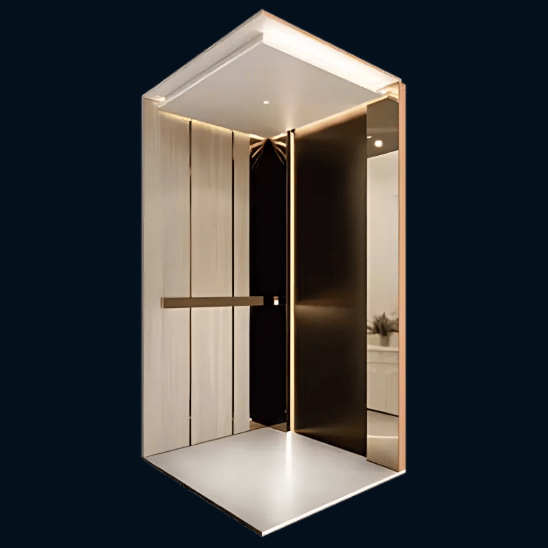 Modern elevator interior with light wood panels, black door, and warm ambient lighting.
