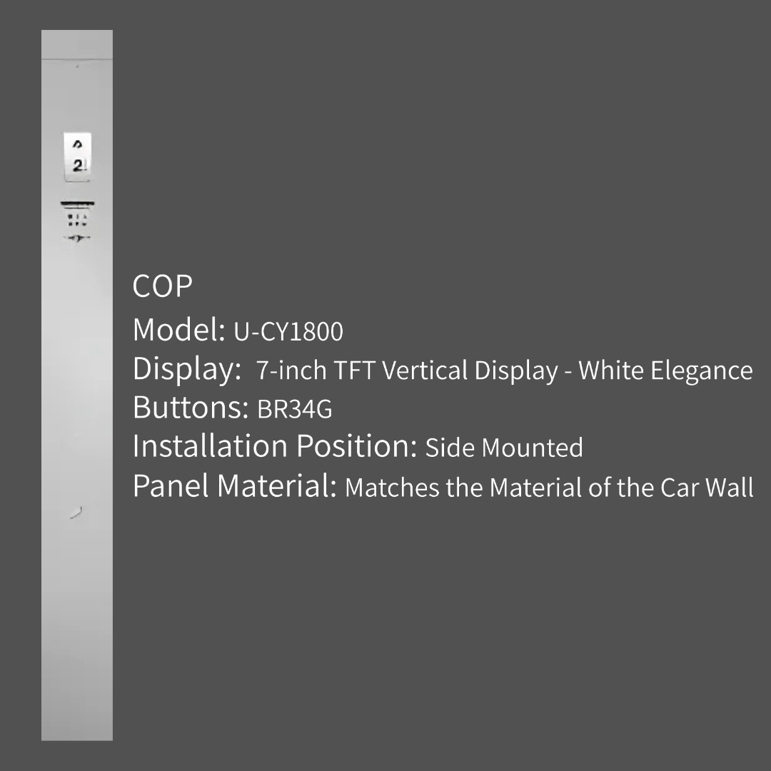 Side-mounted elevator control panel model U-CY1800 with 7-inch vertical white TFT display, BR34G buttons, and panel material matching car wall.