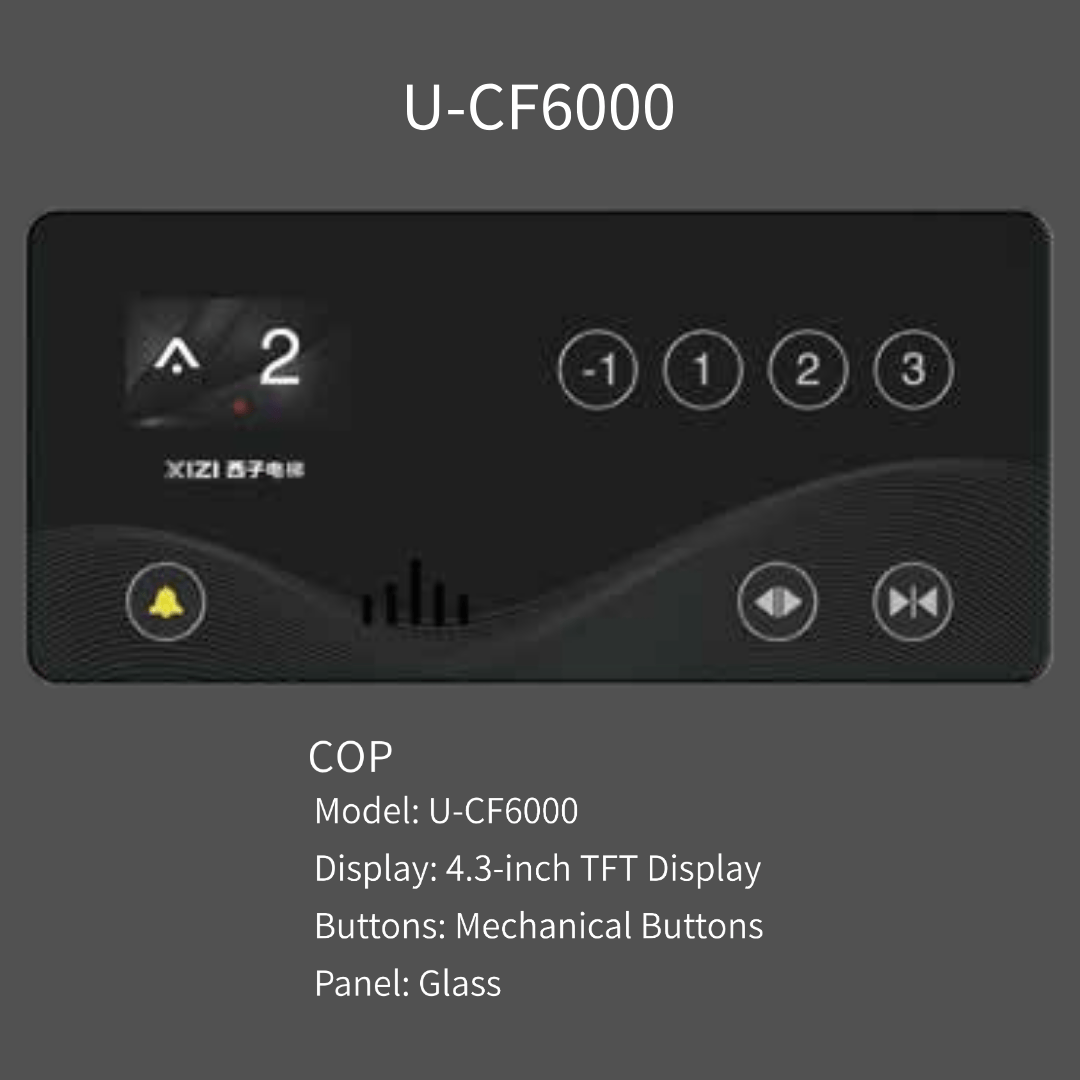 Black U-CF6000 control panel with a 4.3-inch TFT display, mechanical buttons labeled -1, 1, 2, 3, and icons for bell, eye, and fast forward on a glass panel.