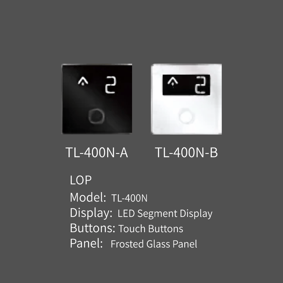 Two square LED touch button panels labeled TL-400N-A and TL-400N-B, showing the number 2 with an upward arrow, with model and feature specs below on a gray background.