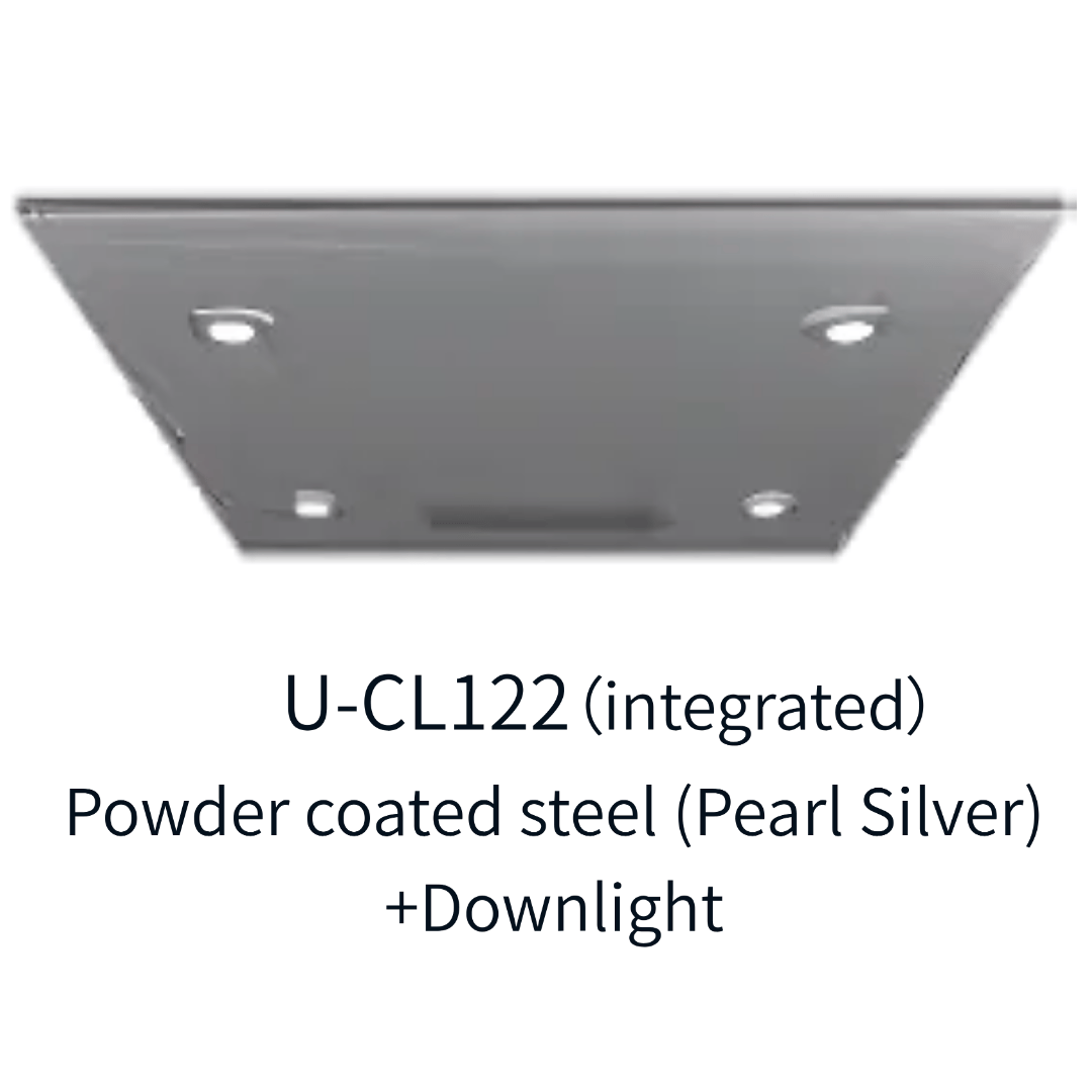 Pearl silver powder-coated steel ceiling panel with four integrated downlights.
