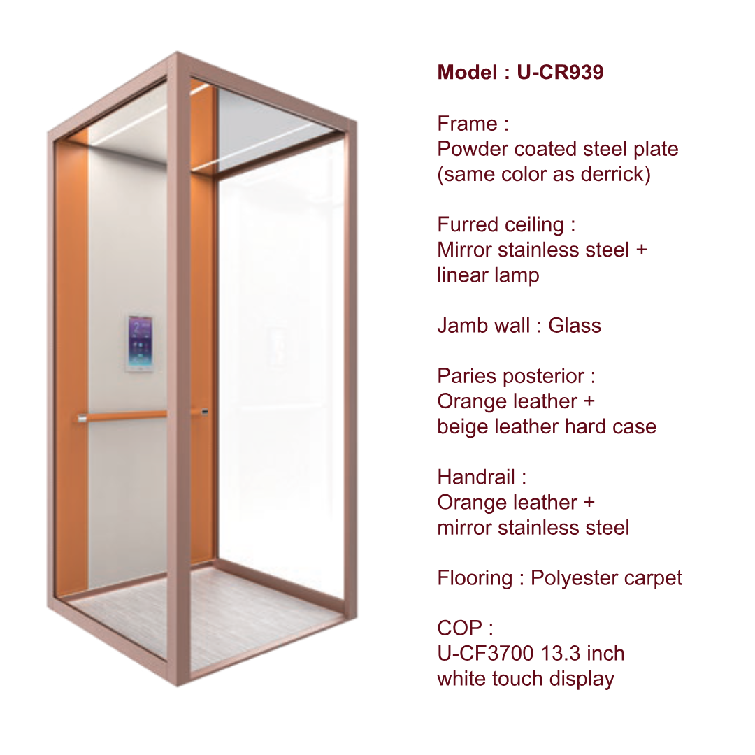 3D render of a modern elevator interior with a powder-coated steel frame, orange and beige leather walls, glass jamb wall, polyester carpet flooring, stainless steel handrail, and a 13.3-inch white touch display panel.