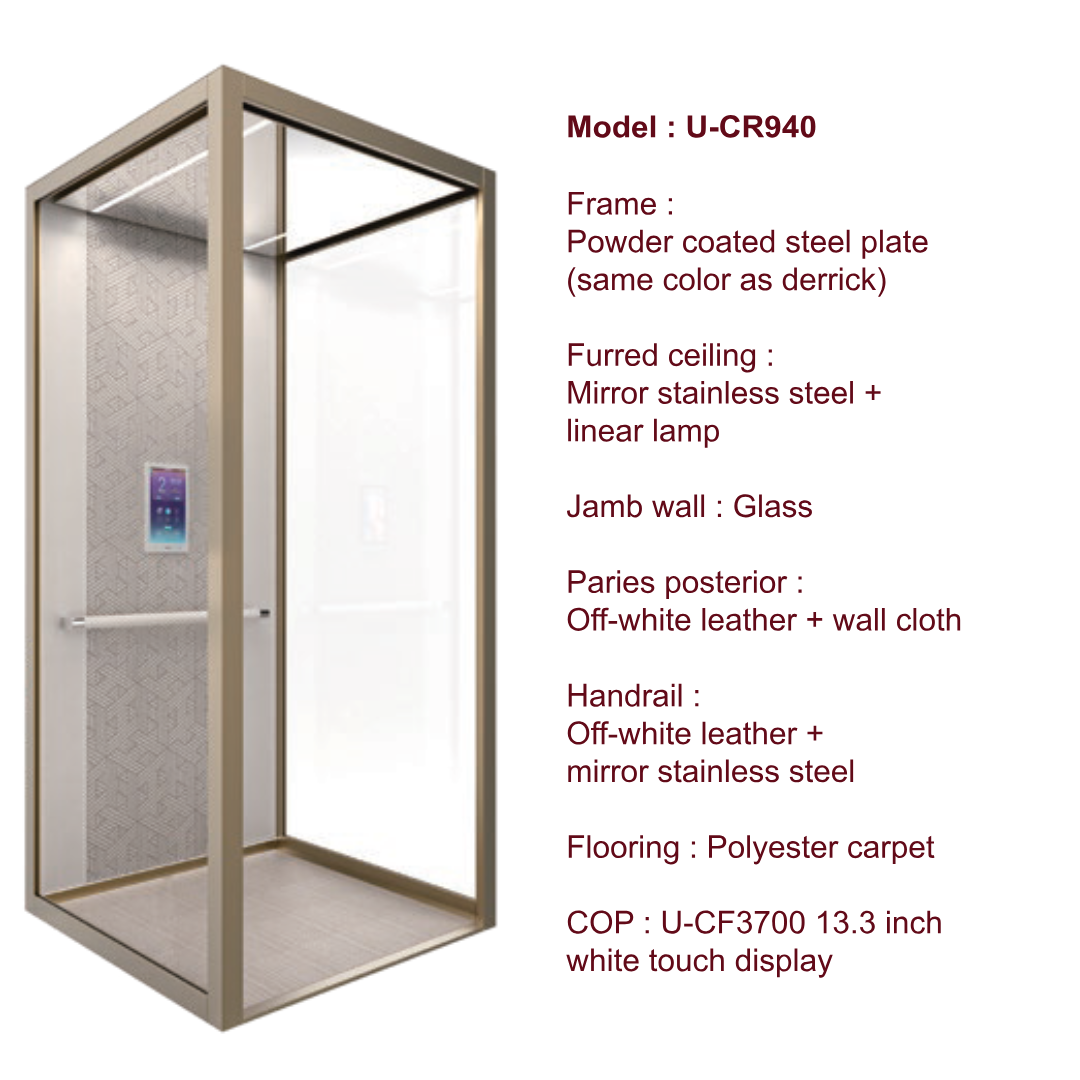 Modern elevator cabin model U-CR940 with powder coated steel frame, glass jamb wall, off-white leather interior, mirror stainless steel ceiling and handrail, polyester carpet flooring, and a 13.3-inch white touch display control panel.