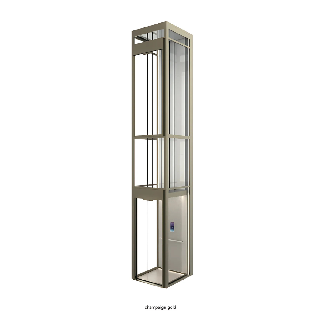 Modern glass elevator with champagne gold frame and transparent walls.
