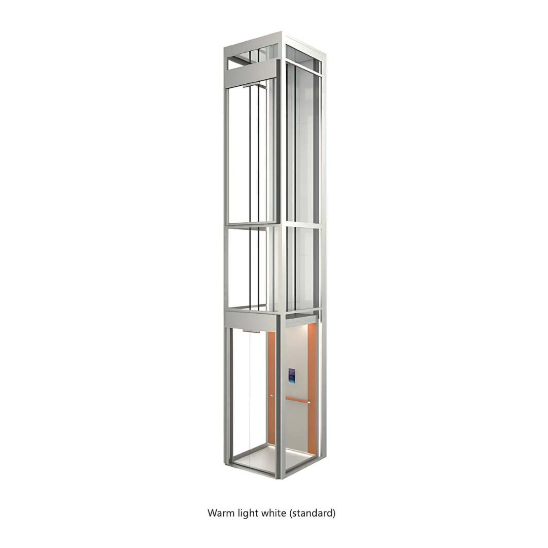 Tall glass elevator shaft with silver frame and warm white interior lighting.