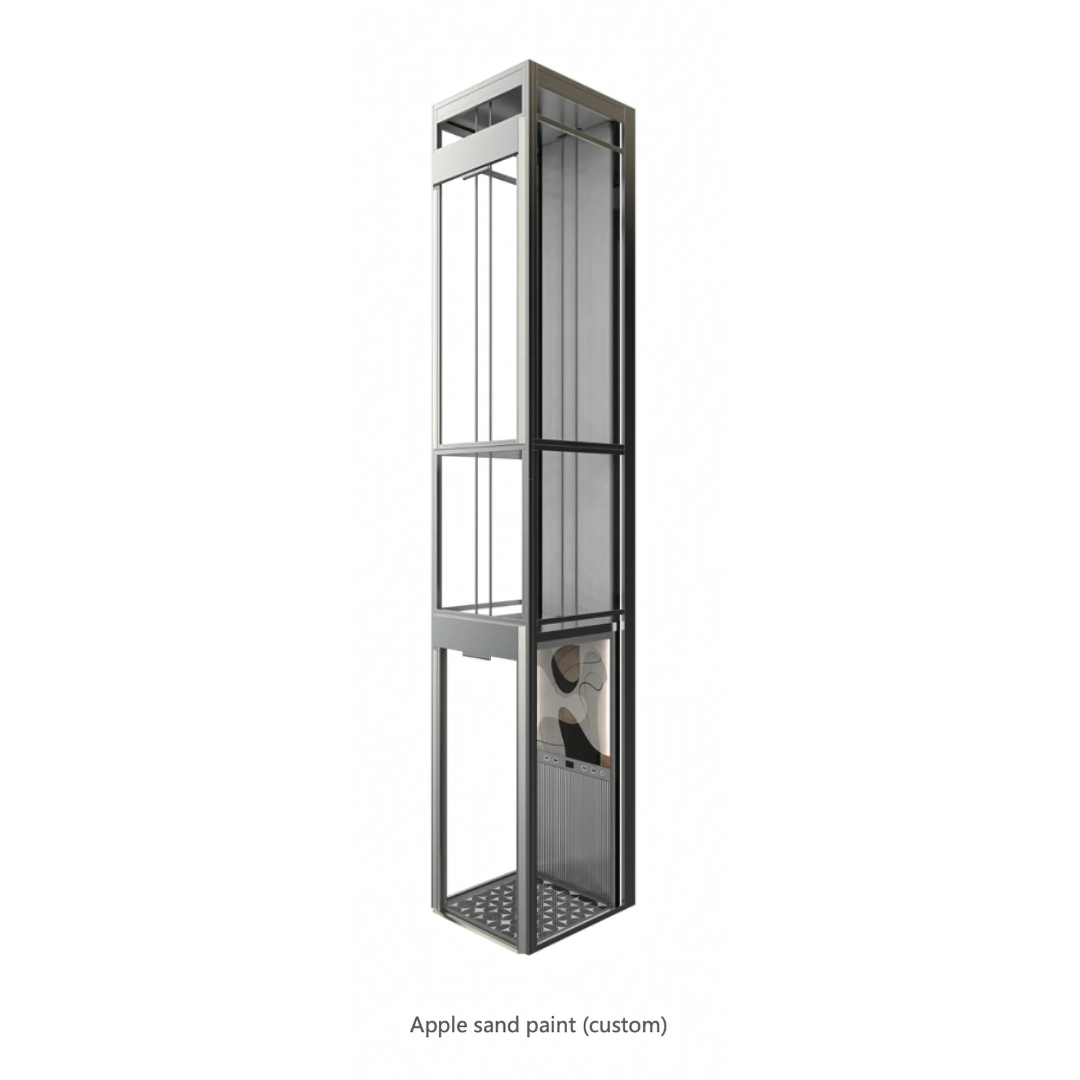 Tall, narrow glass elevator shaft with gray metal frame and decorative panel inside.