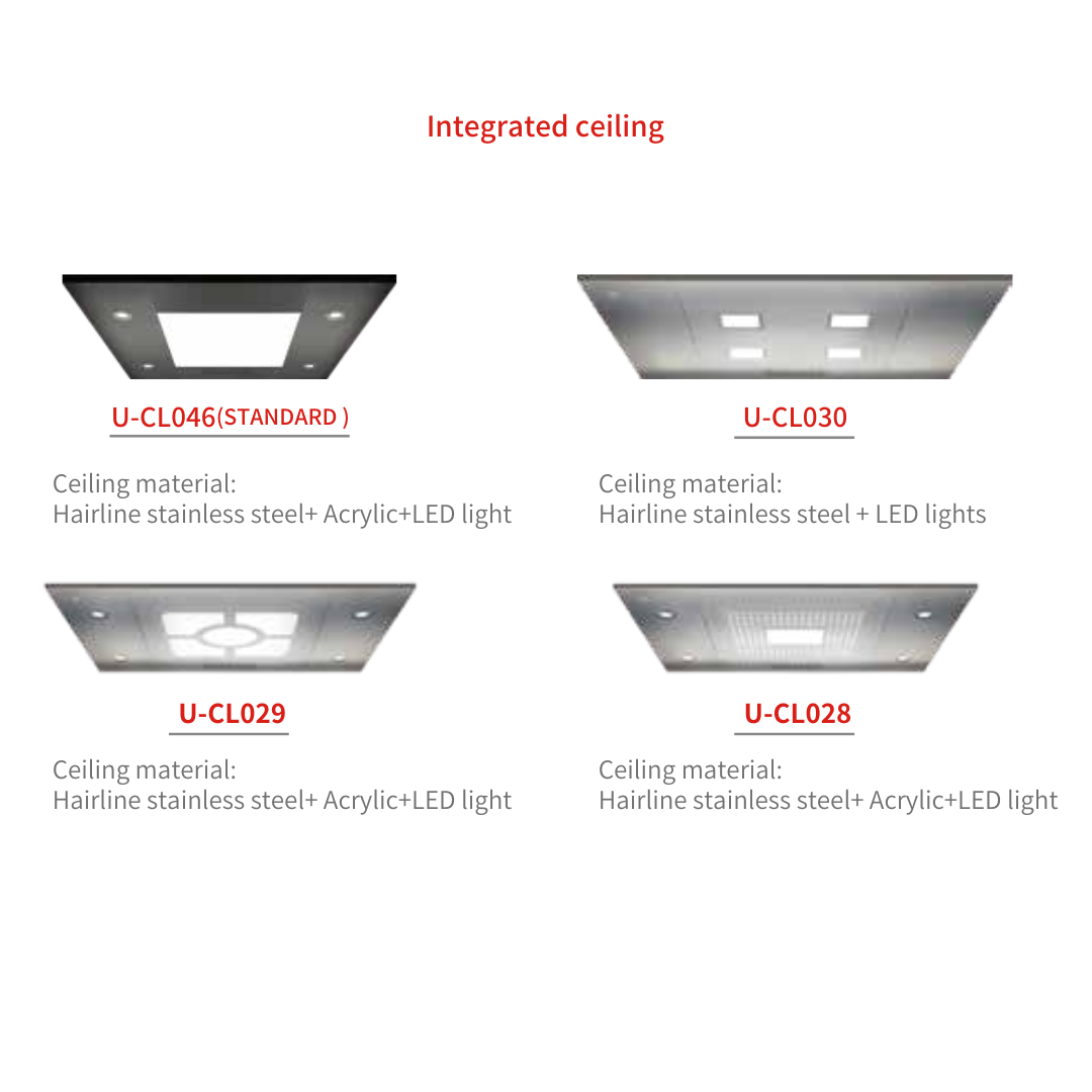 Four types of integrated ceiling panels labeled U-CL046, U-CL030, U-CL029, and U-CL028, each featuring stainless steel material with acrylic and LED lights in various designs.