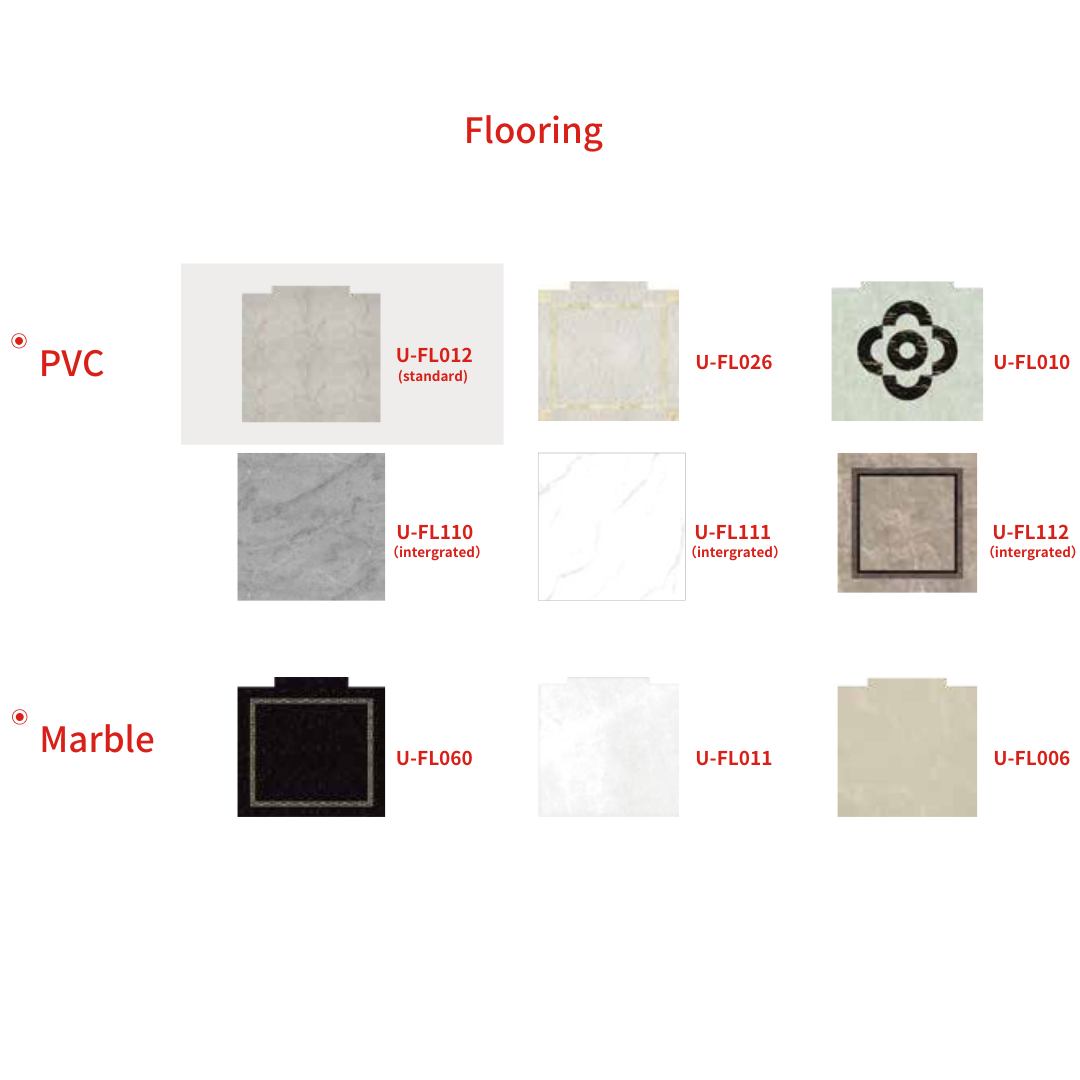 Chart showing flooring samples divided into PVC and Marble categories, each with labeled swatches of various textured and patterned tile designs.