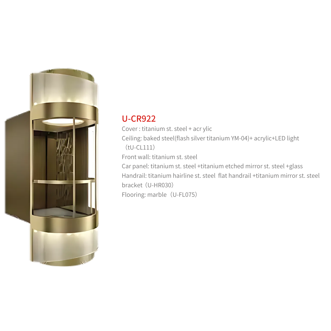 Gold-toned elevator cabin with curved glass walls next to specifications for model U-CR922, detailing materials like titanium steel, acrylic, baked steel ceiling with LED light, and marble flooring.