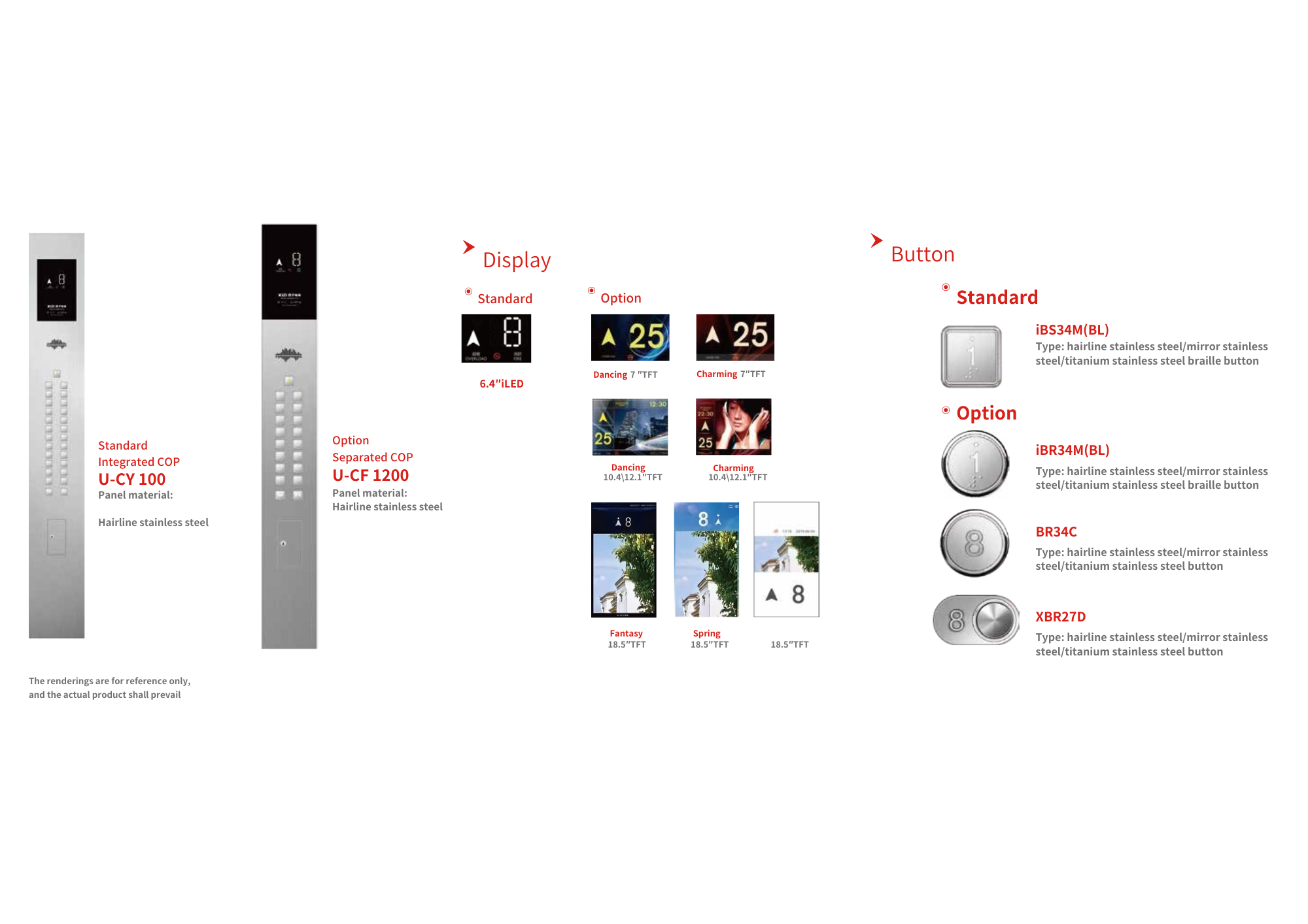 Comparison of elevator panel options showing two stainless steel panels with buttons and displays, various display styles including iLED and TFT, and different standard and optional button designs with detailed material descriptions.