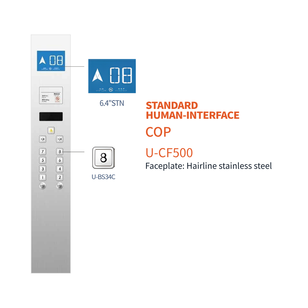 Diagram of a stainless steel elevator Car Operating Panel (COP), model U-CF500. It features a vertical layout of floor buttons, an alarm button, door control buttons, and a 6.4-inch display at the top showing the floor number and direction.