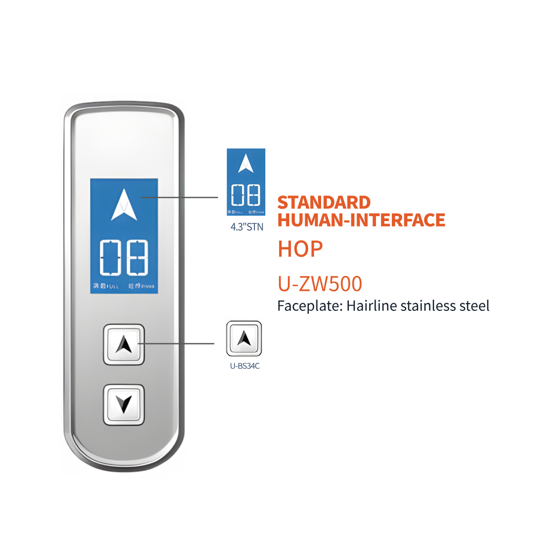 Diagram of a stainless steel elevator Hall Operating Panel (HOP), model U-ZW500. It shows a 4.3-inch display indicating the current floor and direction, with up and down call buttons below.
