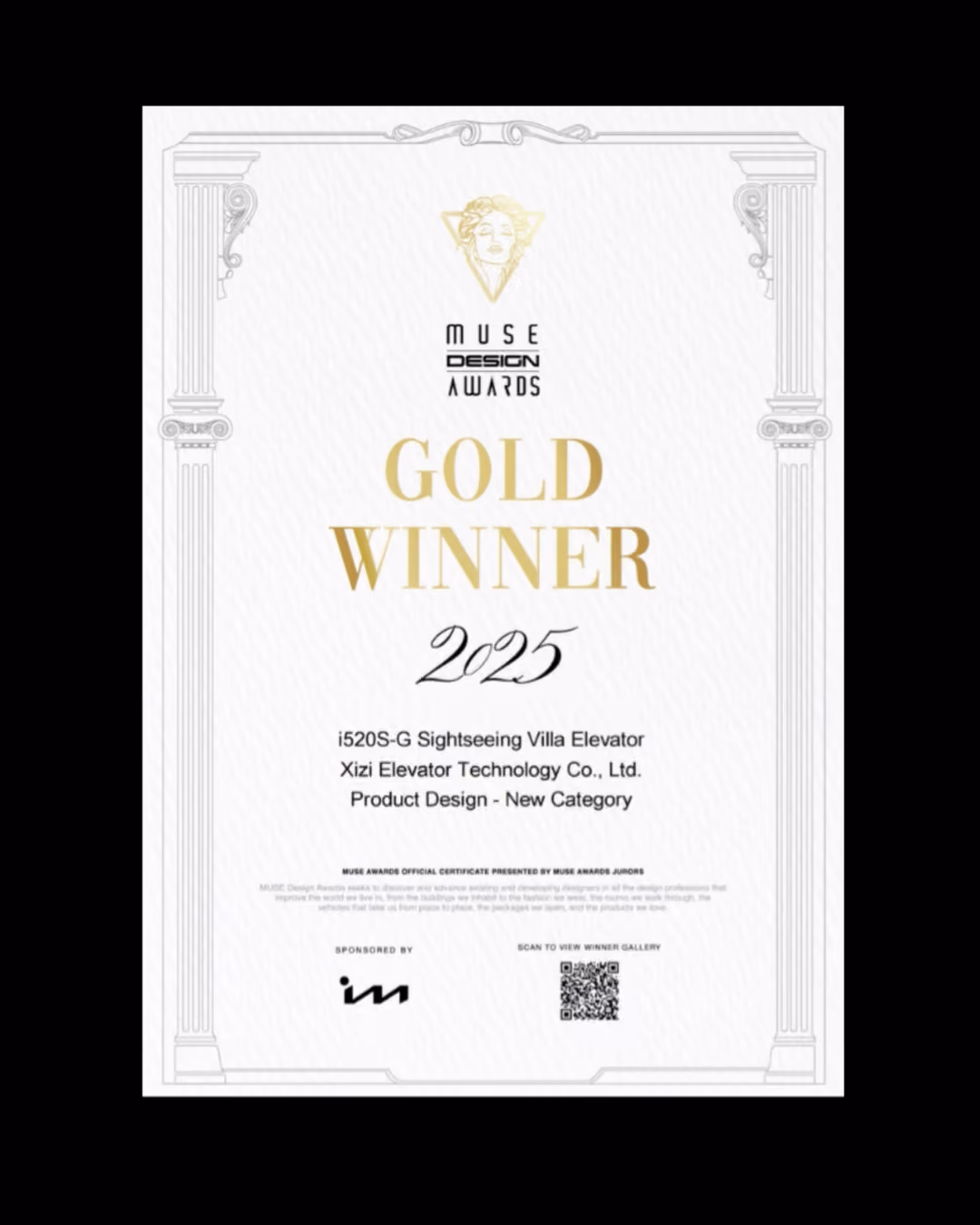 2025 Muse Design Awards gold winner certificate for i520S-G Sightseeing Villa Elevator by Xizi Elevator.