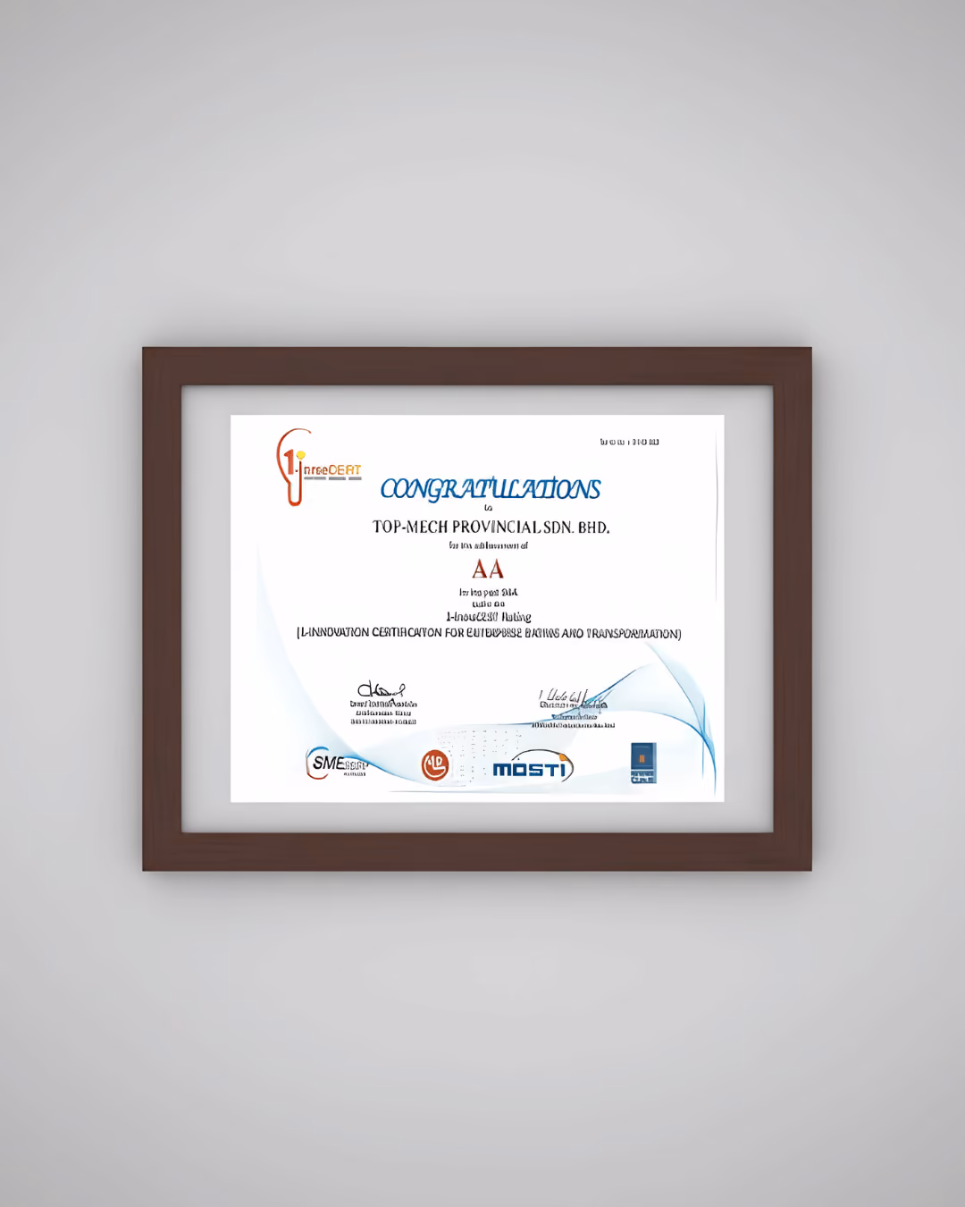 Framed certificate congratulating Top-Mech Provincial Sdn. Bhd. for AA Innocert rating certification.