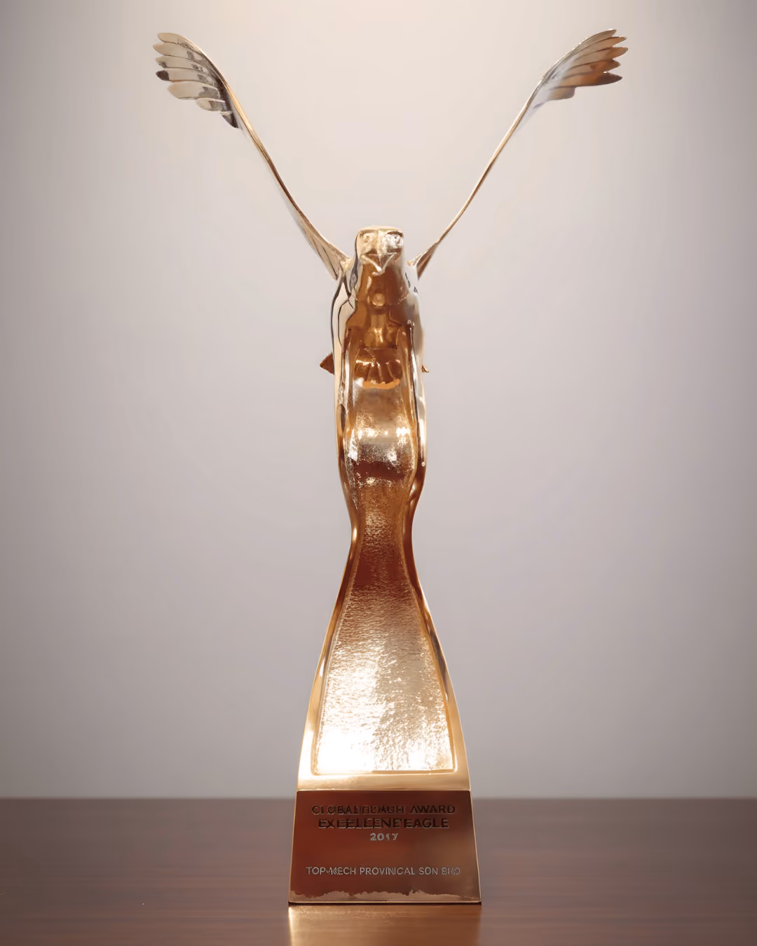 Golden eagle-shaped trophy with wings spread open on a wooden surface.