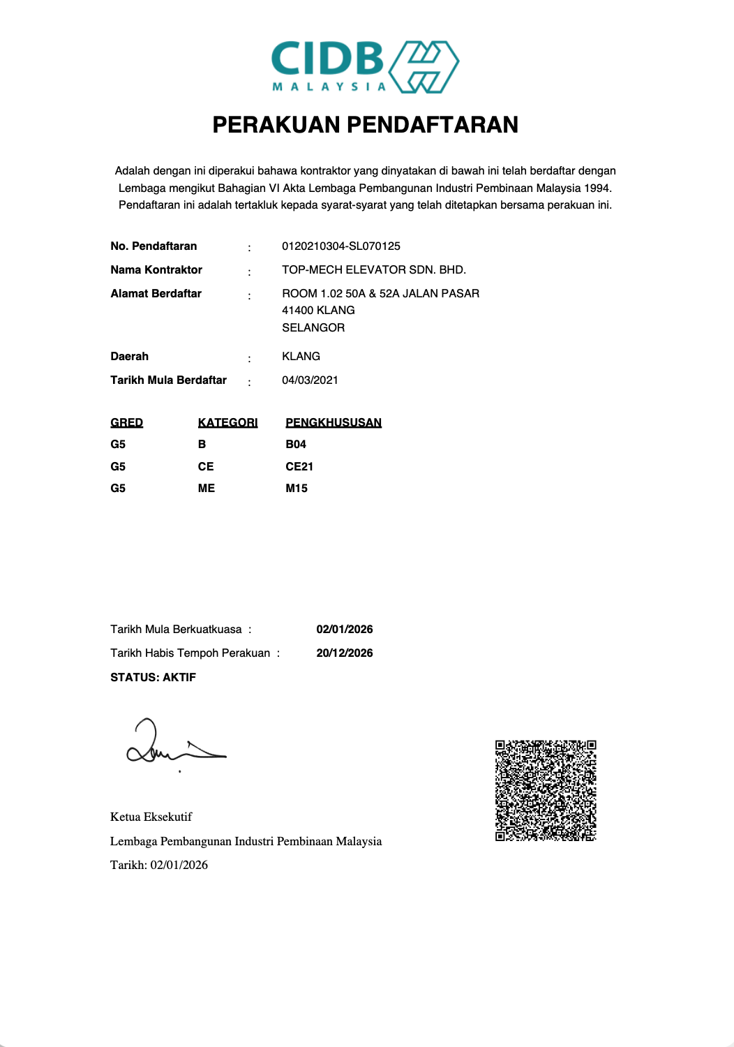 CIDB Malaysia registration certificate for TOP-MECH ELEVATOR SDN. BHD. valid 2026 with QR code and signature.