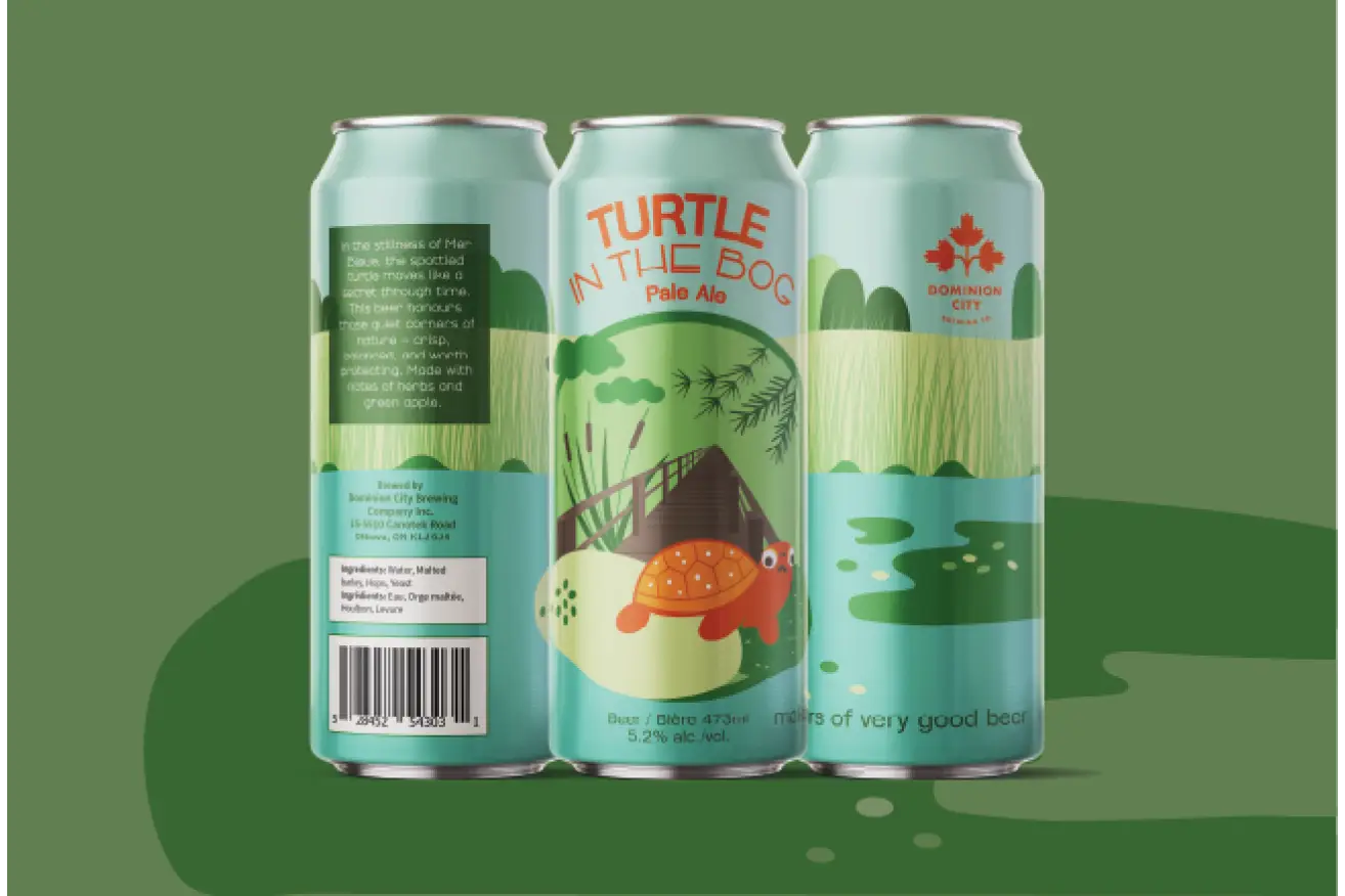 Beer can mockup of Turtle in the Bog Pale Ale featuring front, left and right views of the design.