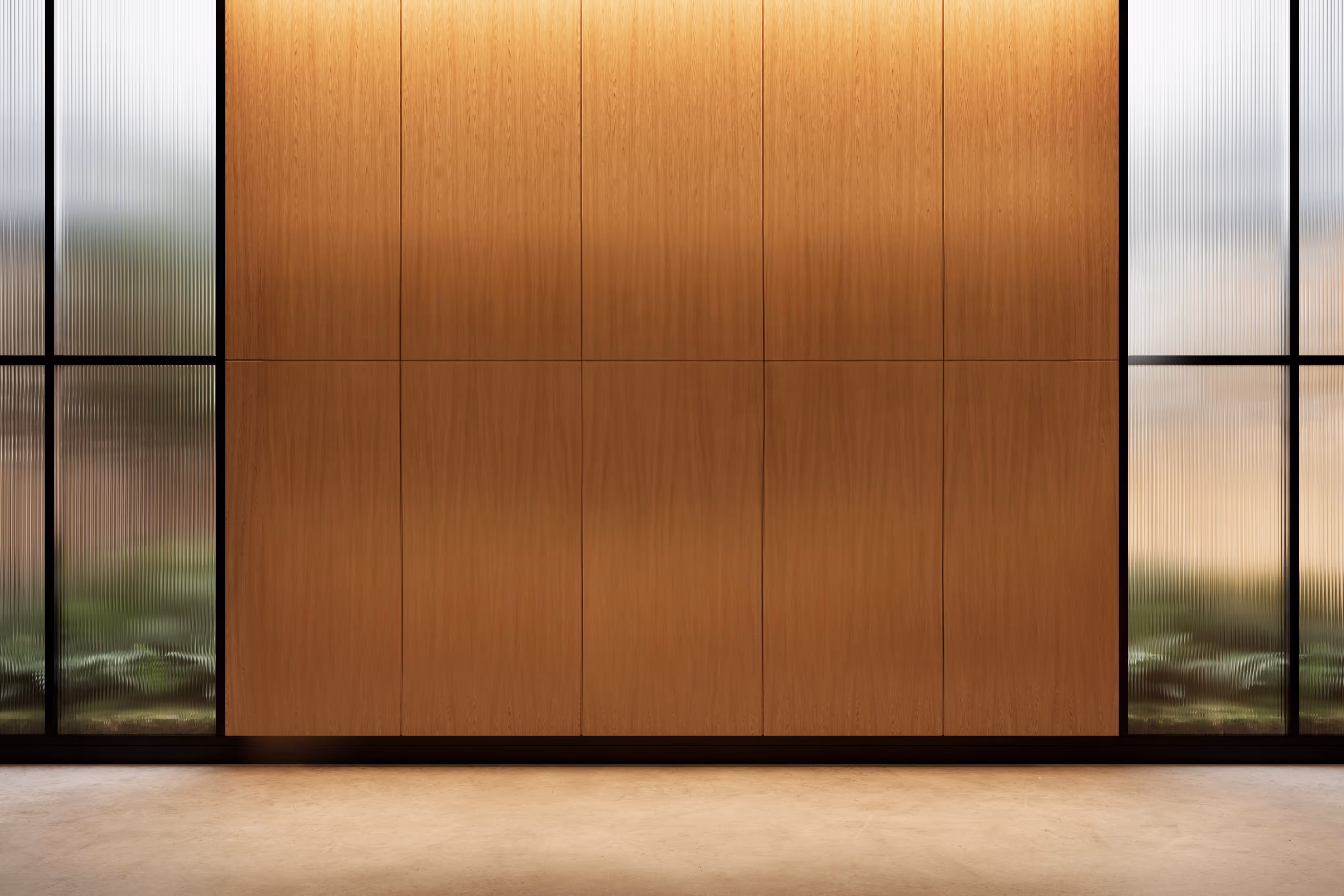 portrait of a wooden wall with frosted glass elements