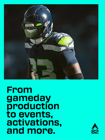 Image of an NFL football player with the words, "from gameday production to events, activations, and more."