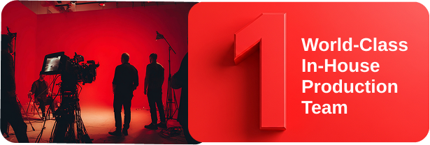 Horizontal image of behind the scenes of a photoshoot with content saying, "1 World-Class In-House Production Team"