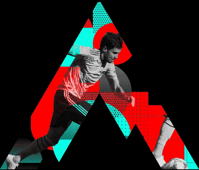 Masked "A" of A82 with a bitmapped image of a soccer playing kicking a soccer ball.