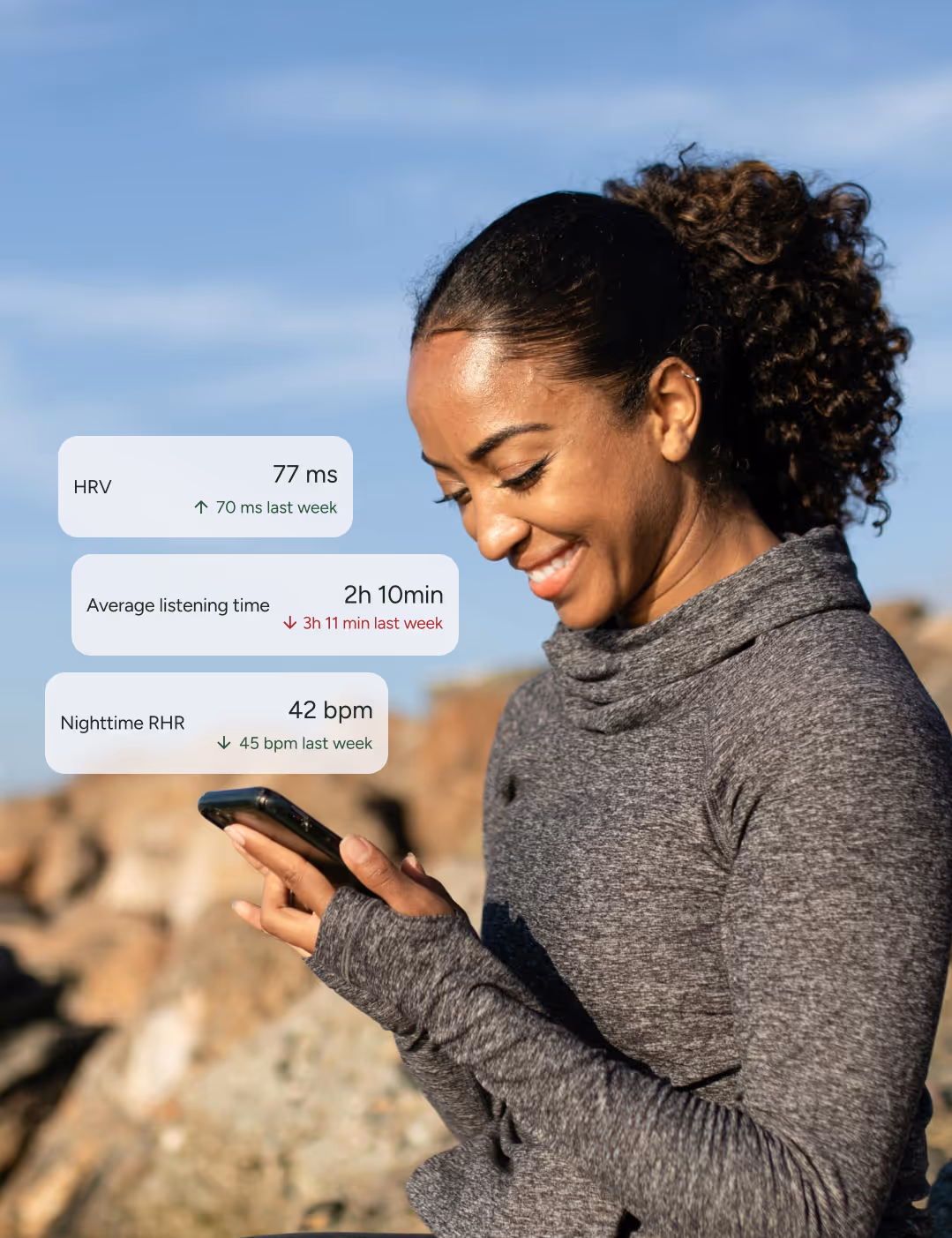 Woman checking Audicin app; HRV 77 ms, listening time 2h10m, nighttime RHR 42 bpm — stress & recovery tracking