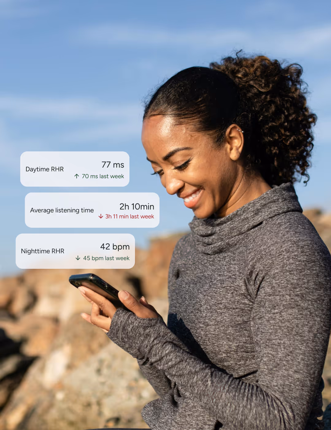 Woman checking Audicin app; HRV 77 ms, listening time 2h10m, nighttime RHR 42 bpm — stress & recovery tracking
