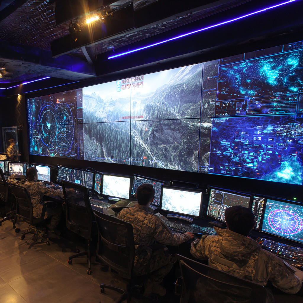 Operators seated at consoles in a darkened command centre facing a large display wall of imagery and data.