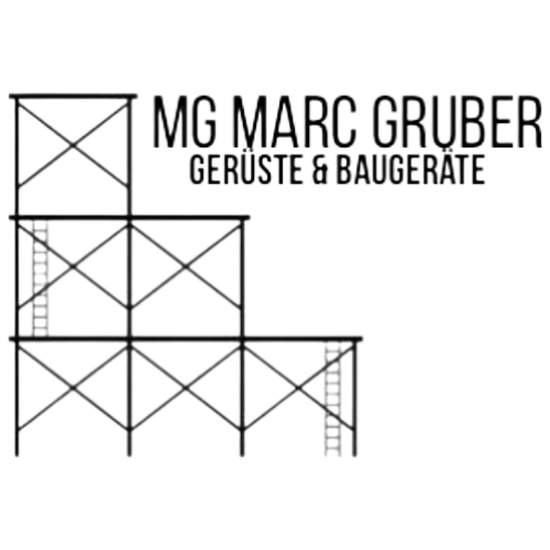 Logo with black scaffolding structure and text 'MG Marc Gruber Gerüste & Baugeräte' on a transparent background.