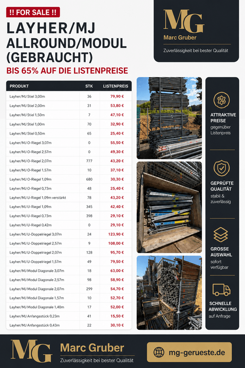 Scaffolding components for sale with prices and quantities, including images of stacked scaffolding parts.