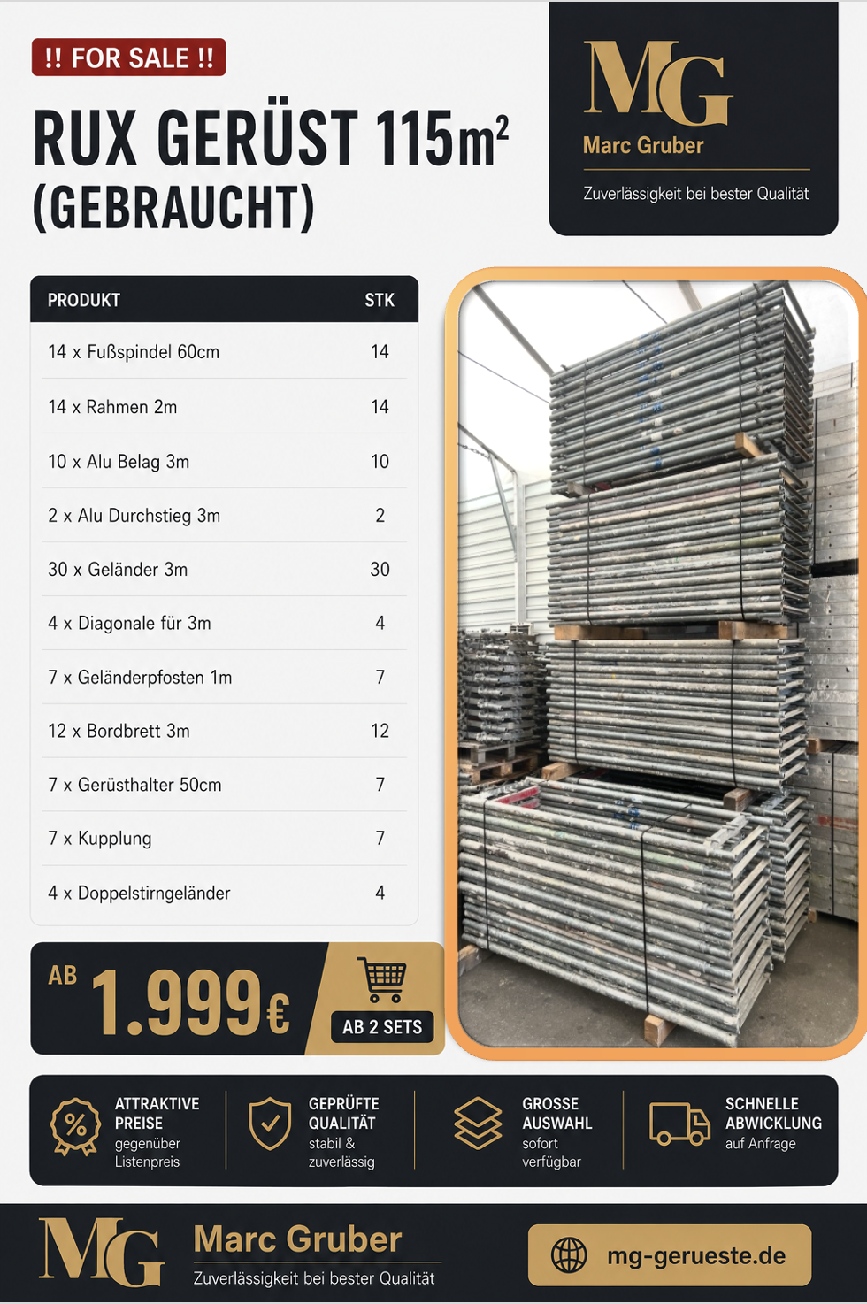 RUX scaffolding 115m² used for sale with product list, price €1,999, and stacked metal scaffold parts.
